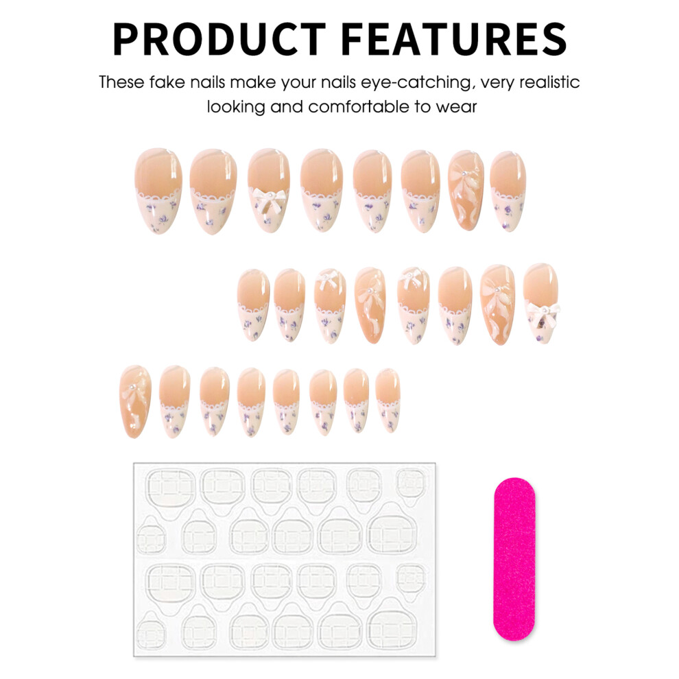 Roc-Electron 24Pcs French Bowknot Fake Nails, Glossy Almond Shape