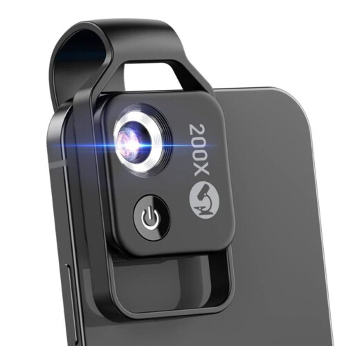 200X Phone  Pocket Microscope with LED Light/Universal Clip, Portable Digital Microscope Camera (Black, with CPL)