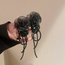 (Black) Hypoallergenic Organza Flower Earrings with Tassel