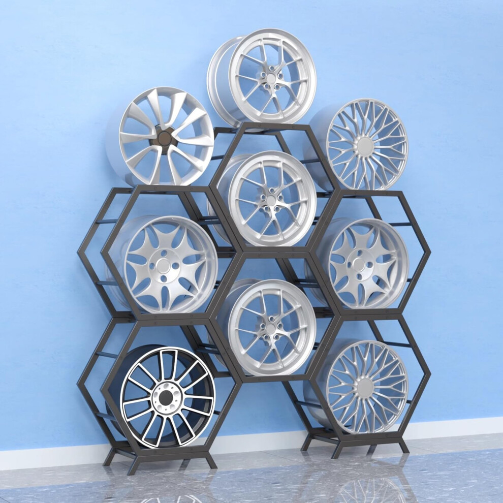 Heavy Duty Wall Mounted Tire Rim Display Rack, Stackable Steel Stand Holds 9 Rims For Garage Or 9455672132923