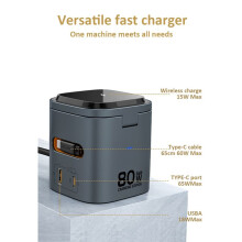 80W 6-In-1 GaN Charging Station Wireless Adapter with Type C PD 60W Retractable Charging Cable Fast Charger US PLUG