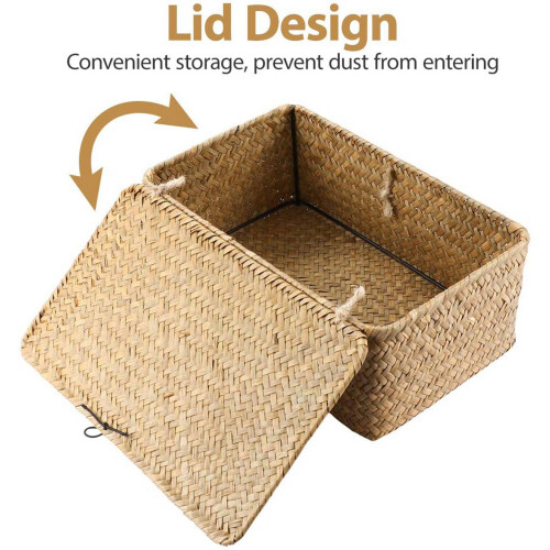 2X Seagrass Hand Woven Storage Box Storage Box Storage Basket Makeup Organizer Multipurpose Container with Lid 2