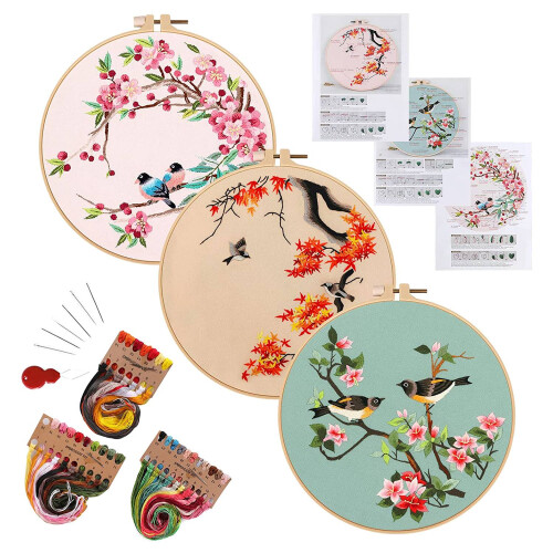 3 Pack Embroidery  Kit for Beginners,  Stitch Kits for Adults Include 3 Embroidery Cloth with Birds Pattern