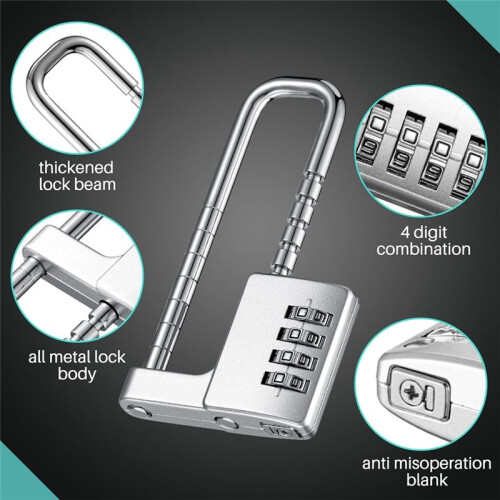2 Pcs 4 Digit Combination Lock Code Cabinet Lock U Shaped Gym Locker Adjustable Padlock Long Shackle Lock for School 2