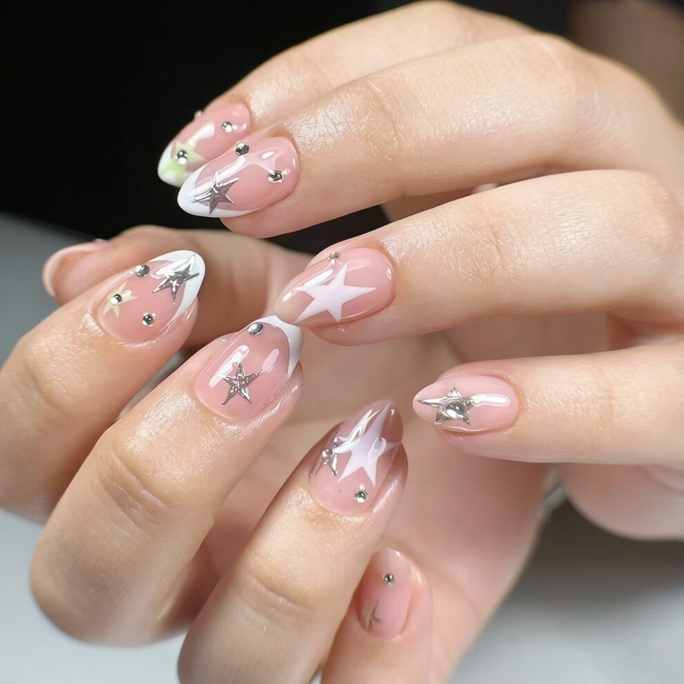 Creation-3C 24Pcs French False Nails Rhinestone Party Wedding