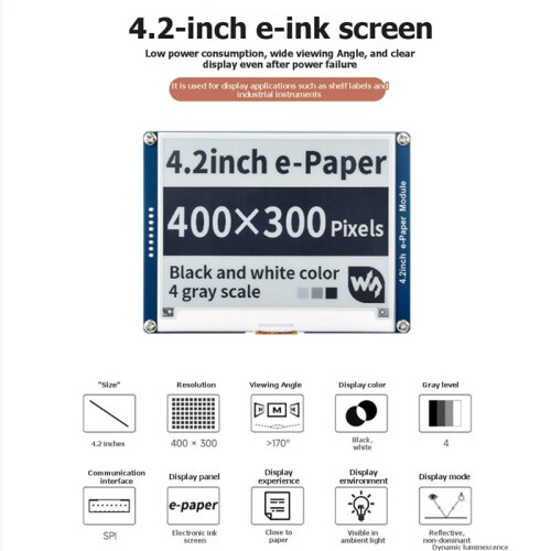 Waveshare 4.2 Inch for Raspberry Pi 4 E-Ink Display Module E-Ink Display Black White with SPI Interface for  Nucleo STM32 2