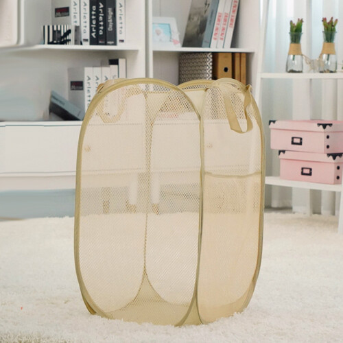 (Beige) Foldable Mesh Laundry Basket - Large Capacity
