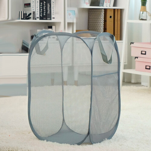 (Light Grey) Foldable Mesh Laundry Basket - Large Capacity