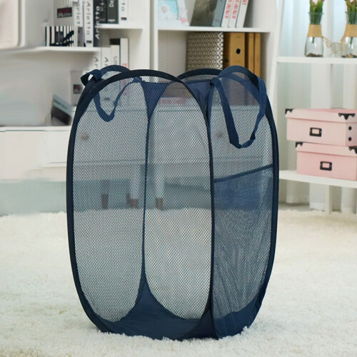 (Navy Blue) Foldable Mesh Laundry Basket - Large Capacity