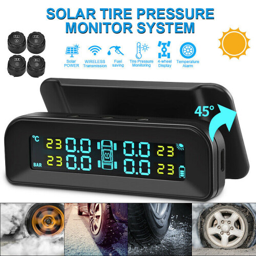 Solar Wireless USB TPMS Bildäcktrycksövervakningssystem HD LCD-Skärm 4 Extern Sensor Däcktryckstemperaturvarning 1