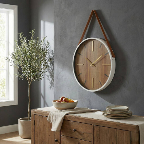 Modern Wall Clock 38cm  Leather Strap Silent Non Ticking Battery 1