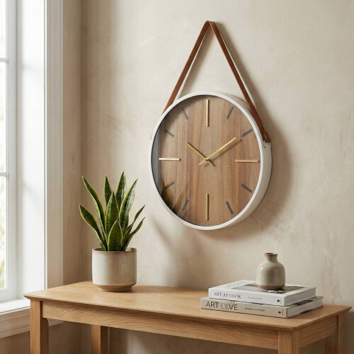 Modern Wall Clock 38cm  Leather Strap Silent Non Ticking Battery 2