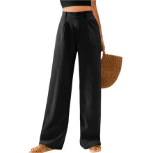 Womens Casual Wide Leg Pants High Waisted Button Down Straight Long Trousers Palazzo Pants Black S