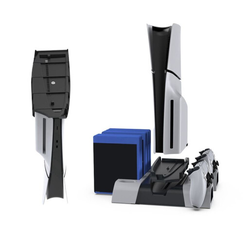 For PS5 Slim/PS5 Pro Vertical Cooling Stand Handle Double Charging Station with Light with Game Disk Storage Rack 2