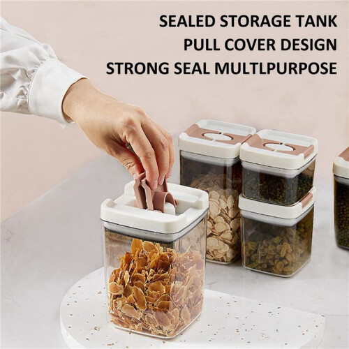 Sealed Plastic Jar with Lid Transparent Square Sealed Storage Jar Quick Pull Lid Design Kitchen Food Storage Jar M 2