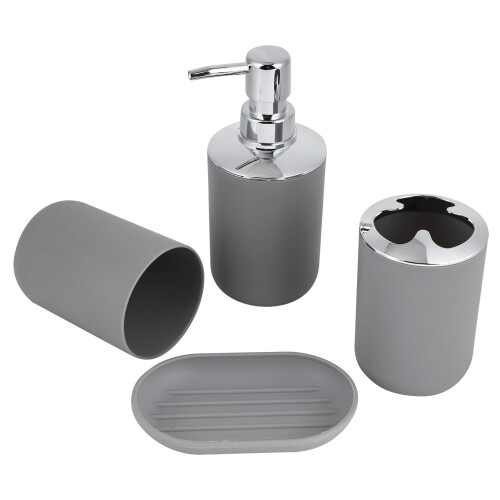 4Pcs Bathroom Kit Plastic Lotion, Rinse Cup, Soap Dish Gray