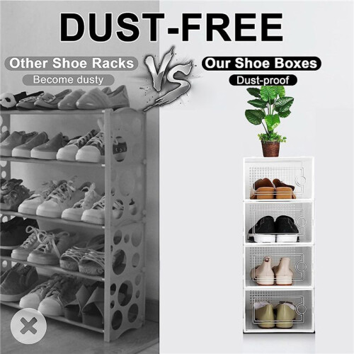 4X Shoe Storage Box, Clear Transparent Shoe Storage Boxes Hard Plastic Stackable Organiser Containers Bins White 2