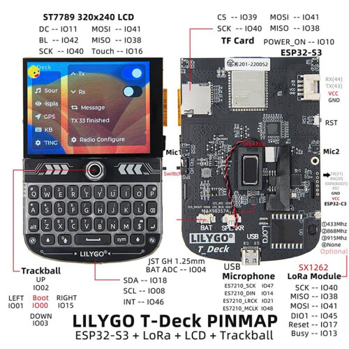 LILYGO Placa de Desenvolvimento T-Deck ESP32-S3 WIFI e  16 MB Flash 2,8 Polegadas Display LCD Teclado Trackball Microfone 915 MHz 2