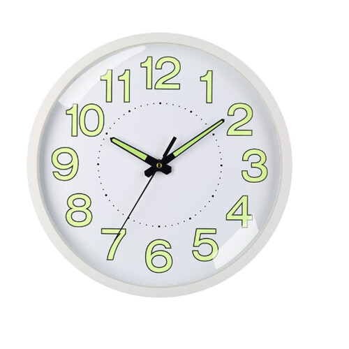 Silent Quartz Wall Clock 12in White Frame, Luminous, Battery Powered 1