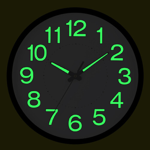 Silent Quartz Wall Clock 12in White Frame, Luminous, Battery Powered 2