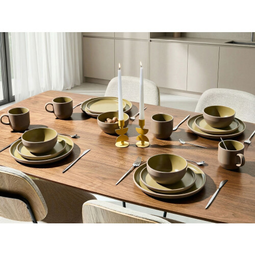Beliani Set of 16 Dinnerware NUTMEG Stoneware Beige/ Green 1