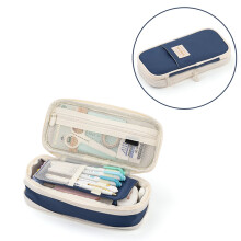 Large Capacity Canvas Pencil Case with Dual Zippers, Dark Blue, 220x110x70mm