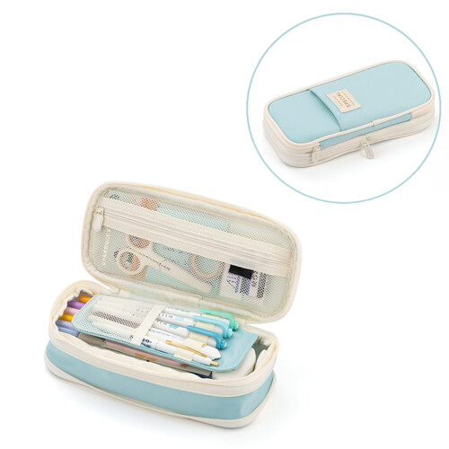 Large Capacity Light Blue Canvas Pencil Case with Dual Zippers, 220*110*70mm