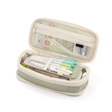 Large Capacity Canvas Pencil Case with Dual Zippers, Light Green, 220x110x70mm