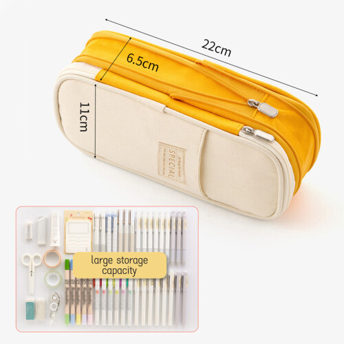 Large Capacity Light Blue Canvas Pencil Case with Dual Zippers, 220*110*70mm 1