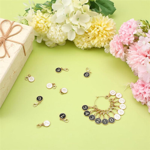 20PCS Numbered Stitch Markers 0-9, Alloy Crochet Knit Locking Clips, Black & White 2