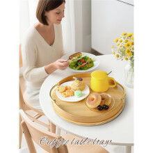 14Inch Round Bamboo Serving Tray with Handles - Decorative Tray,Breakfast Tray, Coffee Table Tray, Ottoman Tray,Kitchen