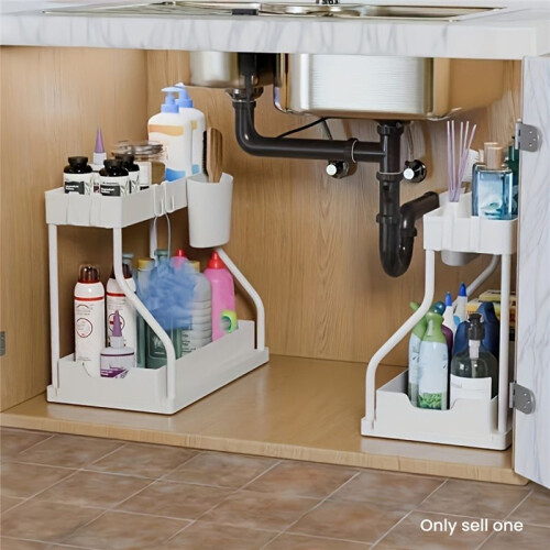 Space Saving 2 Tier Pull Out Storage Box Durable Large Capacity Kitchen Bathroom Essential Drawer Organizer Black