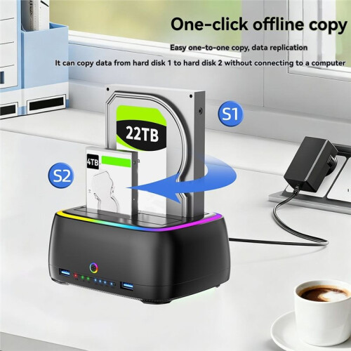 Estação de Encaixe para Disco Rígido RGB de Baia Dupla HUB/TF/ USB 3.0 para HDD  Tipo C para HDD/SSD de 2,5/3,5 Polegadas com Plugue UE 2
