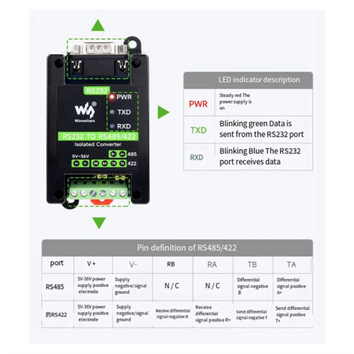 Waveshare RS232 to RS485/422 Active Digital Isolated Multi-Functional Convenient and Practical Male Interface Serial Converter 2