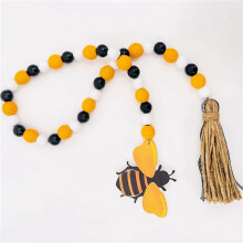 2X Bee Wood Bead Garland with Tassels, Spring Summer Wooden Bead Garland Rustic Farmhouse Home Decorations