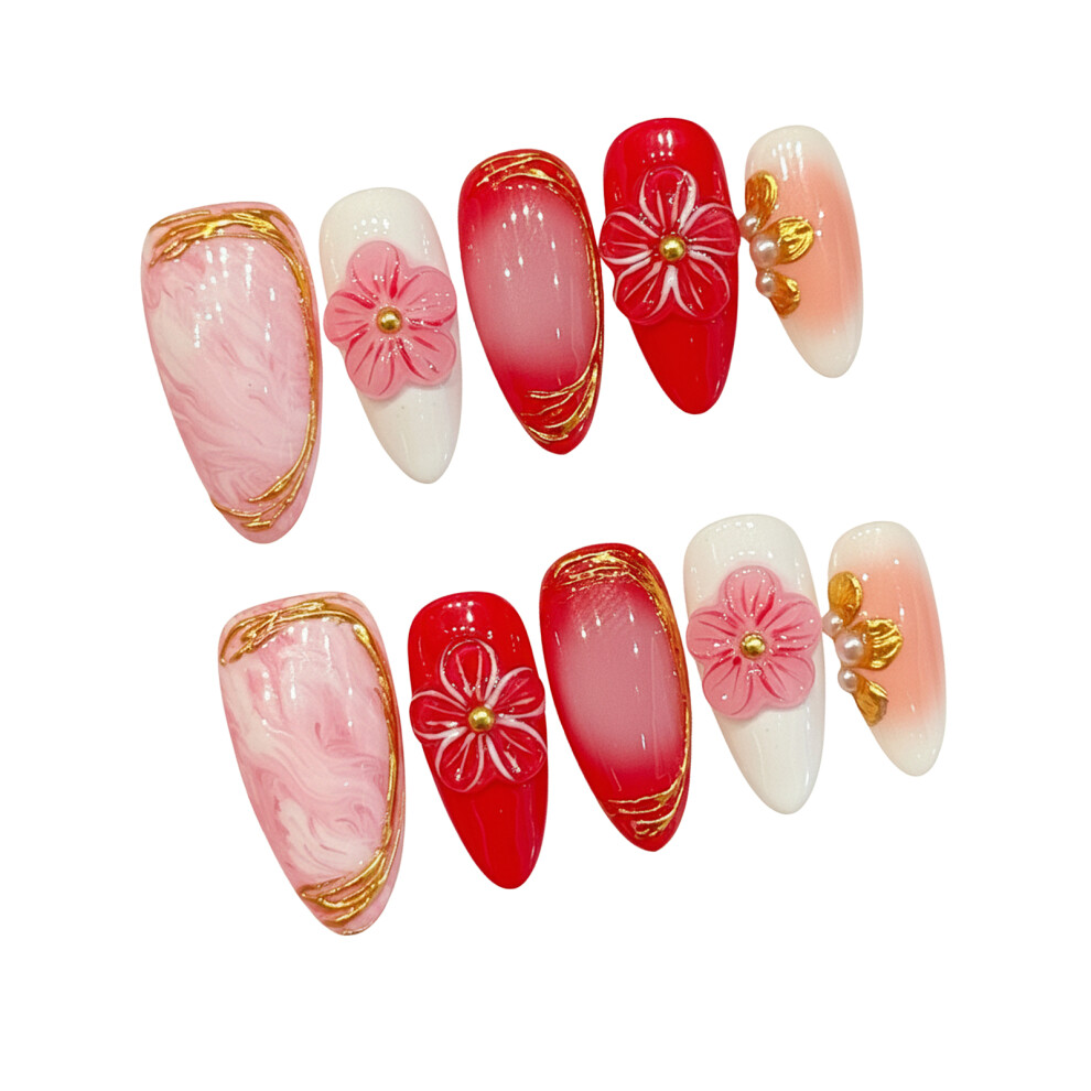 Hue-Grain (Xs) Red Pink Gradient Gold Flower Fake Nails 10Pcs