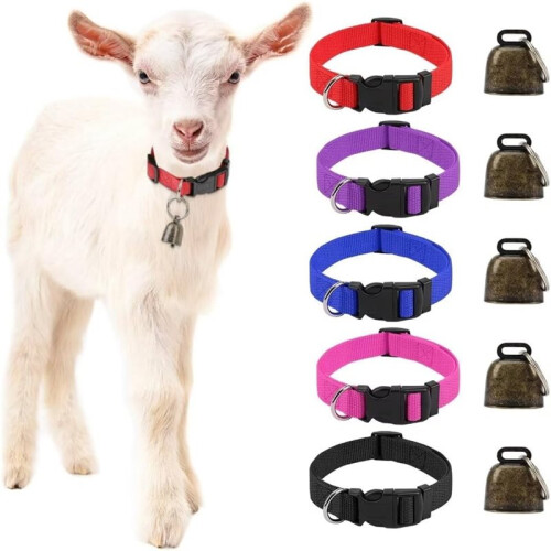 5-Pack Adjustable Goat Collars with Loud Grazing Copper Bells for Small Farm Animals 1