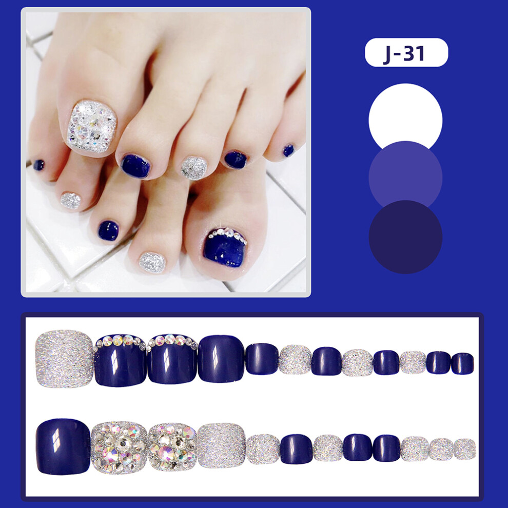 Hue-Grain (Jelly Glue Model) 24Pcs Short False Nails Blue Silver Home Wear