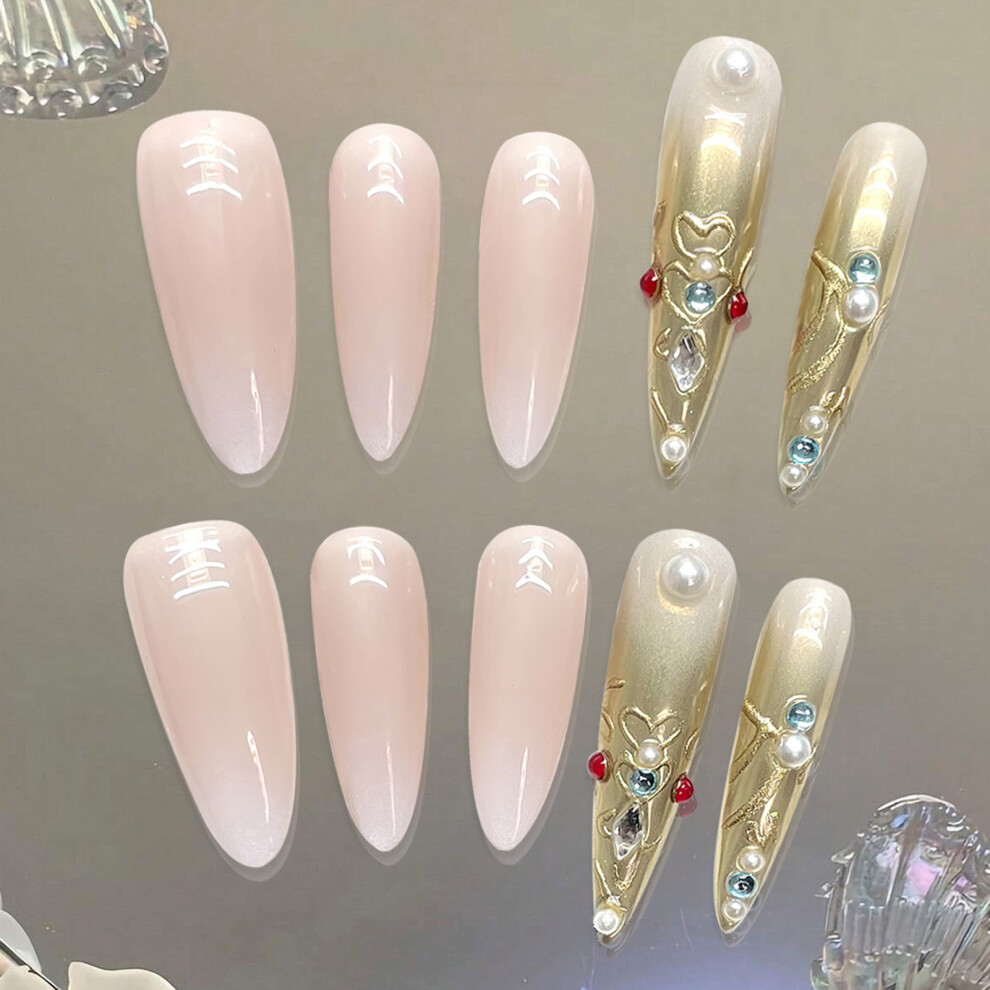 Roc-Electron Pink,Gold (S) Rhinestone Pink Gold Fake Nails For Manicure Lovers
