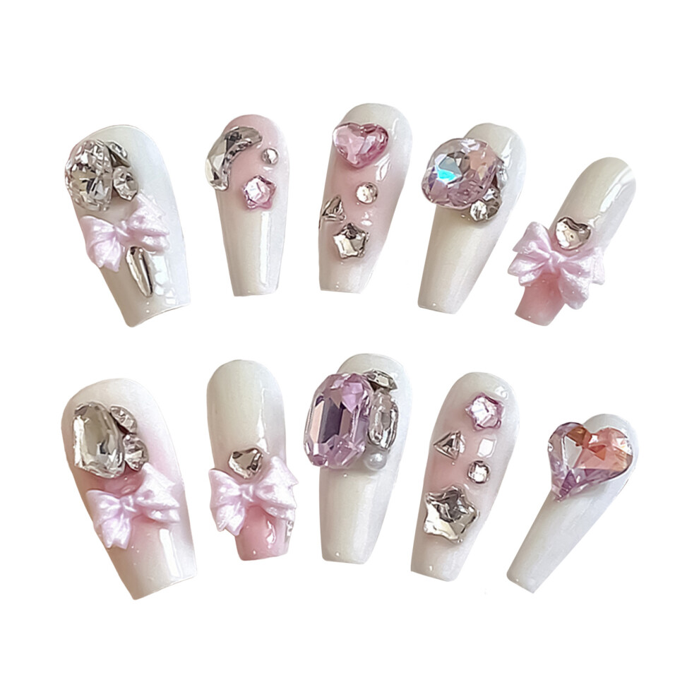 Roc-Electron (Xs) Beige Press-On Nails With Pink Bowknot
