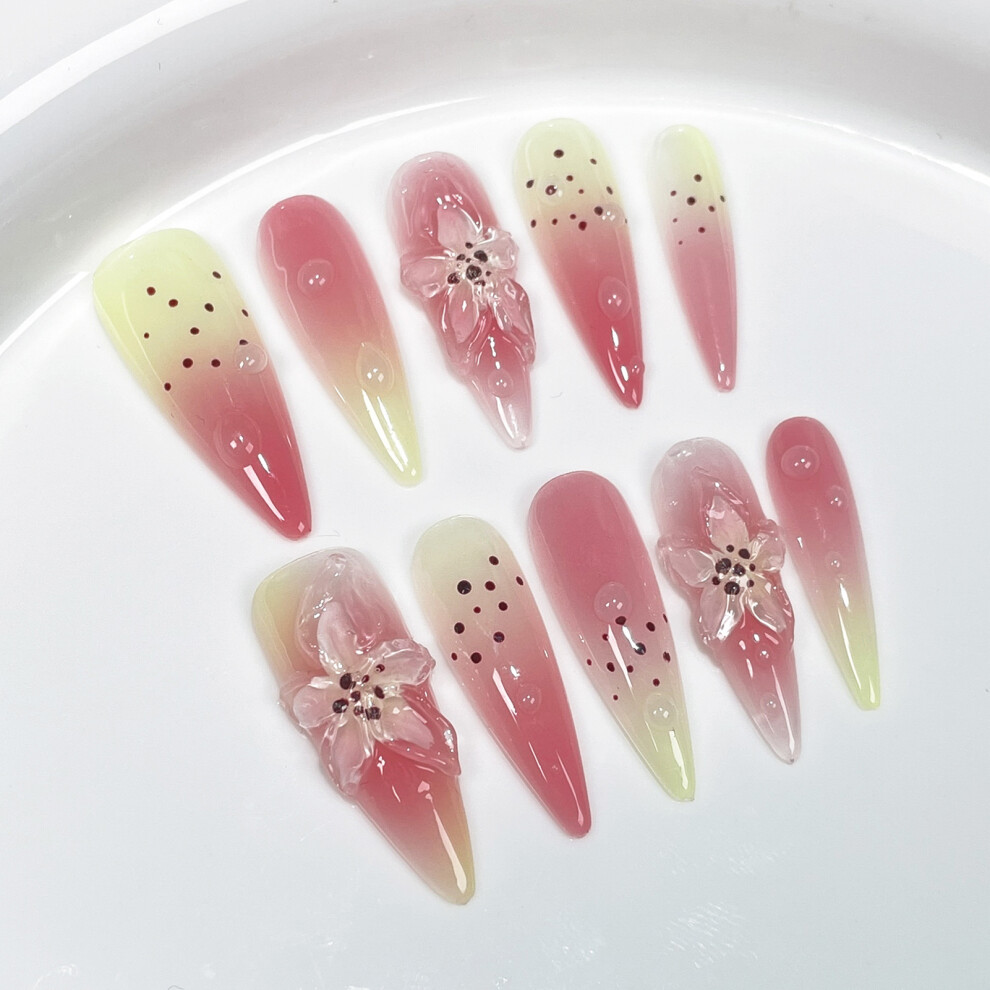 Roc-Electron Pink (Xs) Gradient Fake Nails With Flowers, Reusable