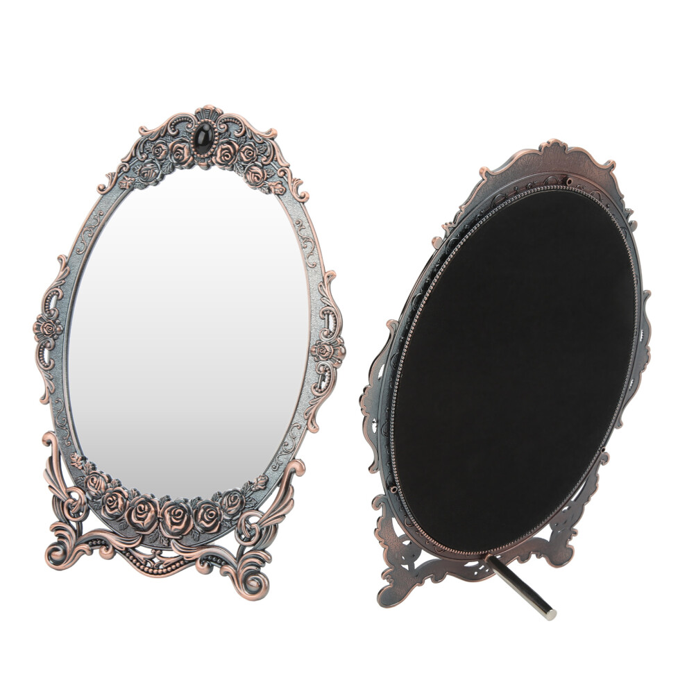 Retro Floral Embossed Beaded Edged Desktop Makeup Mirror Red Copper