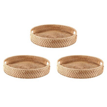 3X Rundes Rattan Portion Tablett, Dekoratives Gewebtes Ottoman Tablett mit Griffen für Den Couchtisch, Natur (Klein)