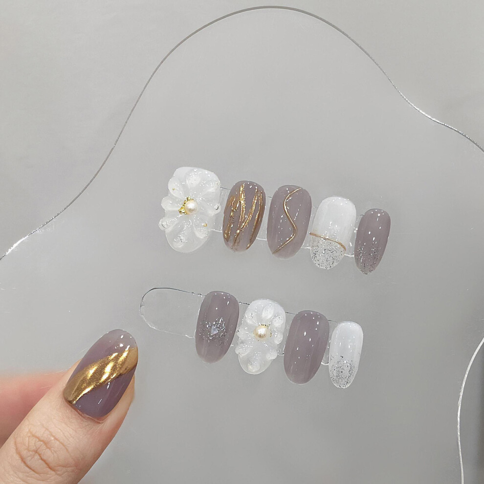 Penghui-Toys (Xs) 10Pcs White&Grey Fake Nails With Flower Decor Long Lasting Safe Material Waterproof False Nails For Fingernail Diy Decor