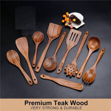 2X Wooden Cooking Utensils, Kitchen Utensils Set with Teak Wood Spoons and Wooden Spatula for Cooking