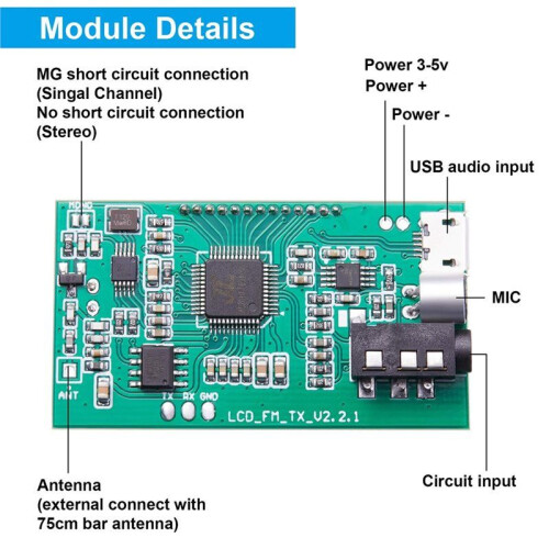 Digital FM Transmitter Module Stereo Wireless Microphone Board Frequency Modulation with LCD Display /USB/Mic Input