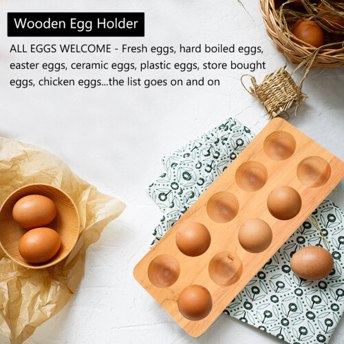 Egg Tray Wooden Egg Holder for Eggs Usable in Kitchen Refrigerator, or Countertop for Display or Storage, Holds 10 Eggs 2