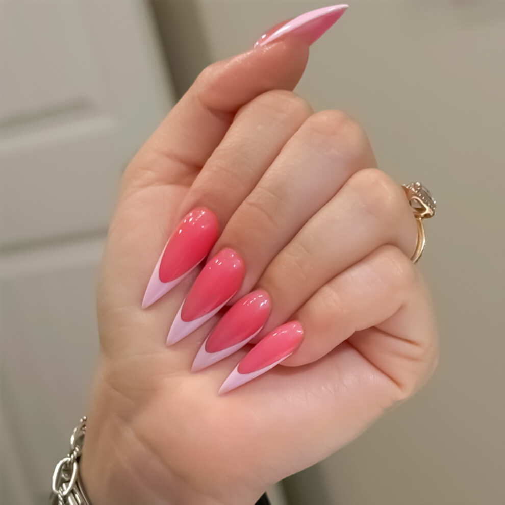 Roc-Electron Pink 24Pcs French Tip Fake Nails, No Pressure Design
