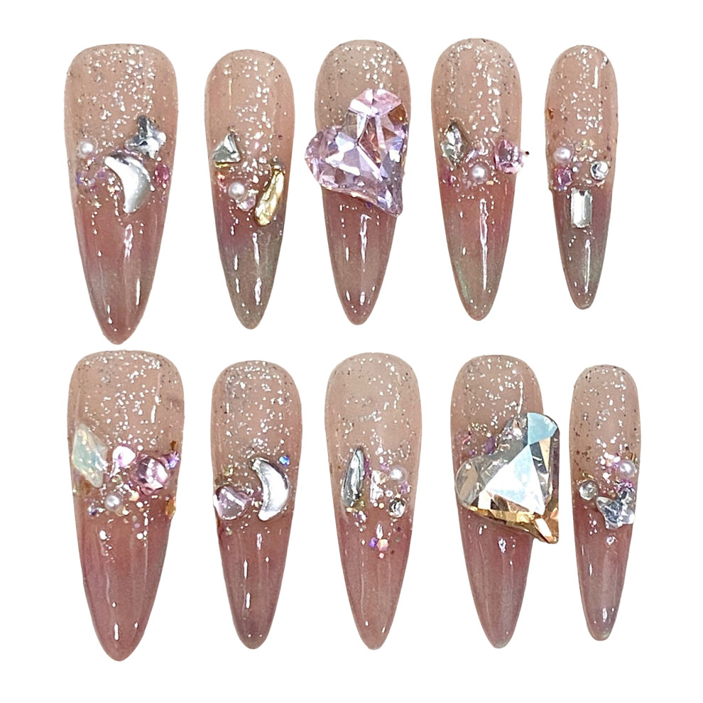 Reach-Tools (M) Glossy Pink Long False Nails With Glitter Decor