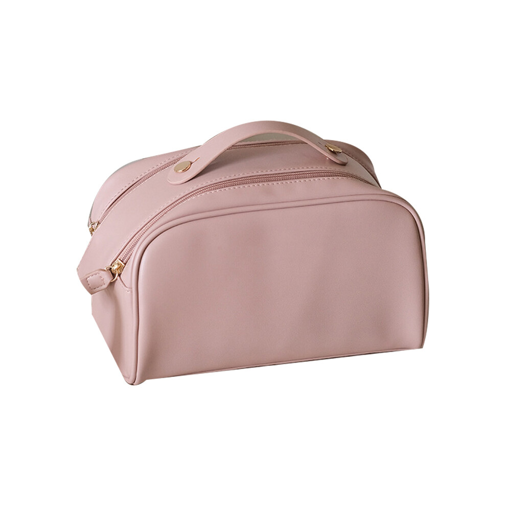 Pink Large Capacity Pu Cosmetic Bag With Double Zippers Travel Toiletry Organizer
